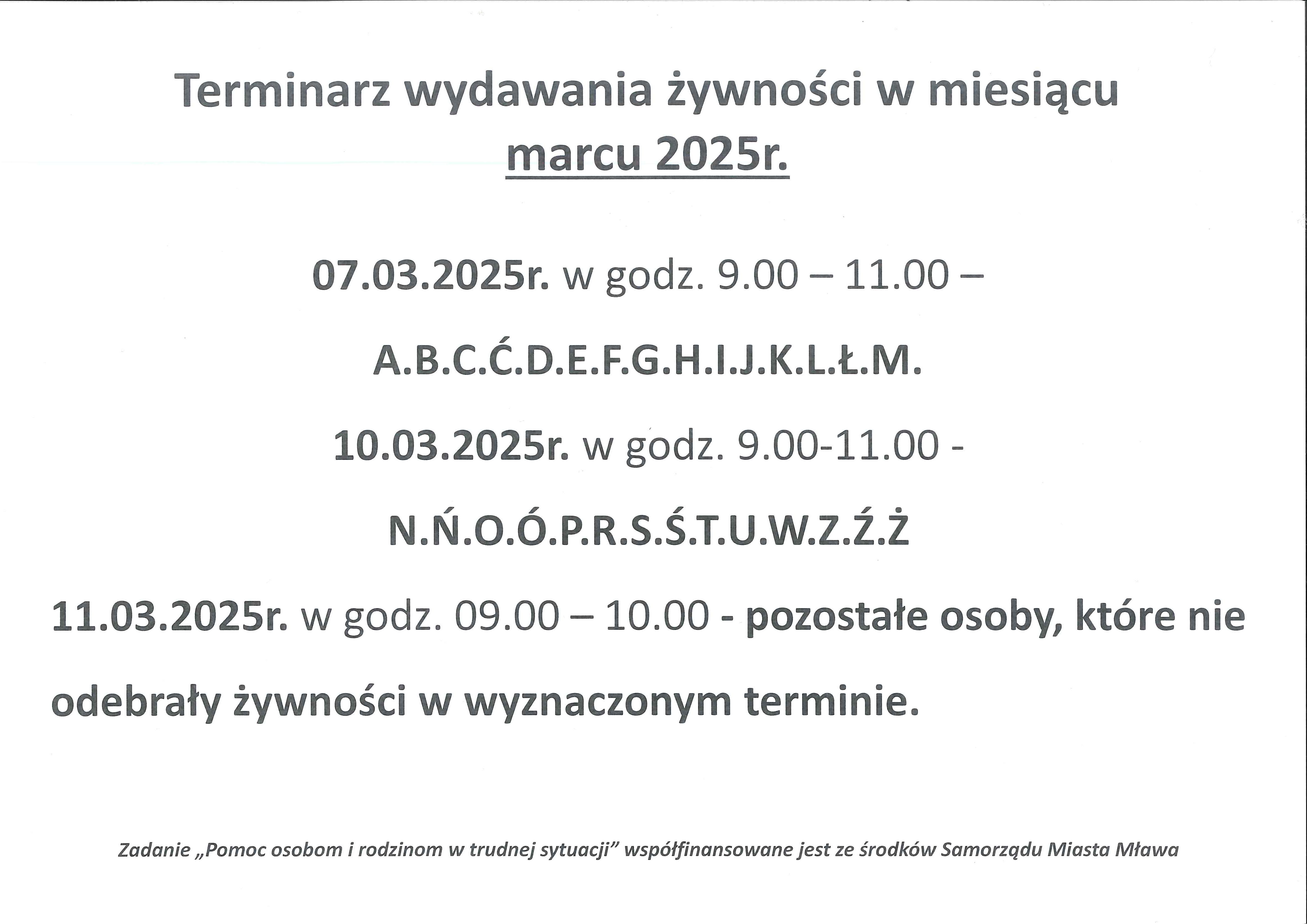 TERMINARZ WYDAWANIA ŻYWNOŚCI