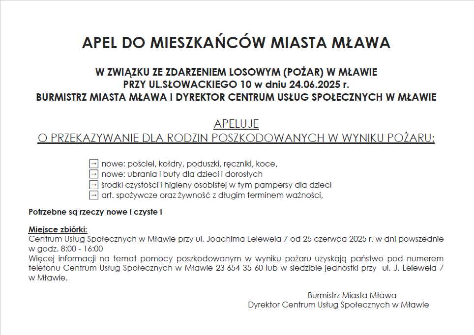 APEL DO MIESZKAŃCÓW MIASTA MŁAWA