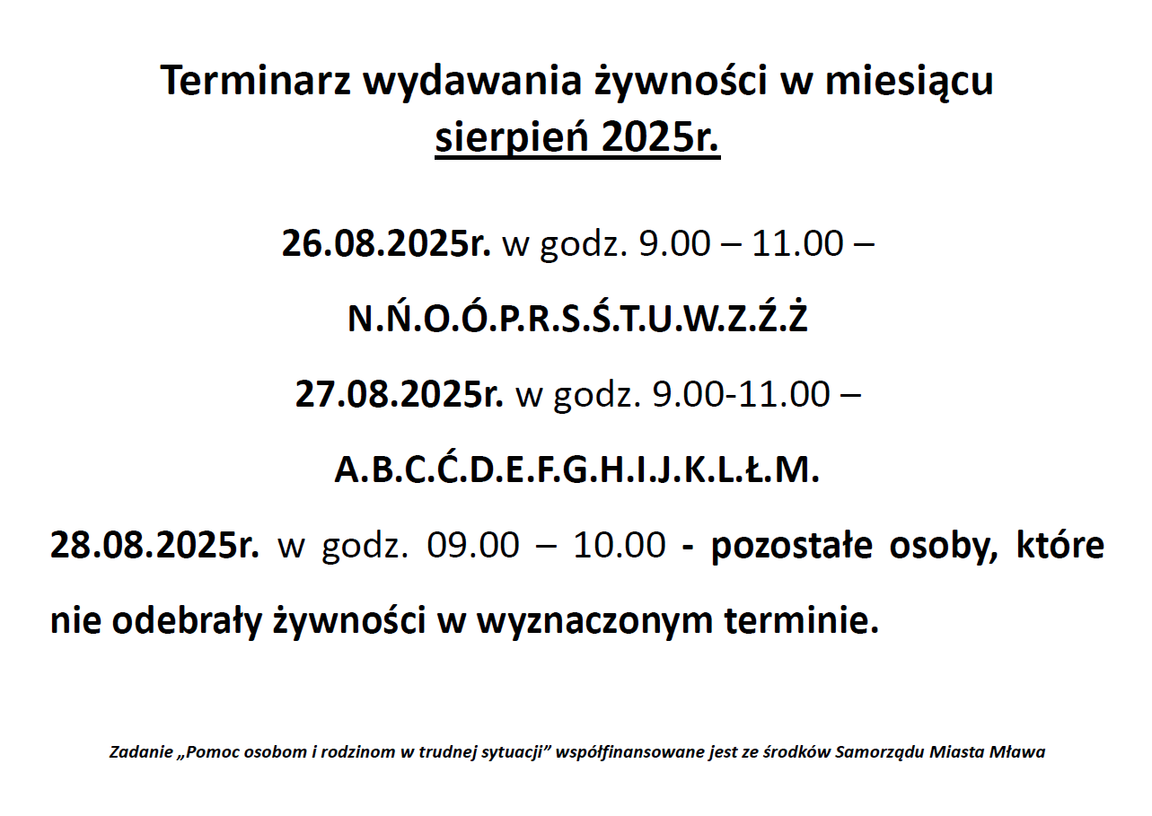 TERMINARZ WYDAWANIA ŻYWNOŚCI SIERPIEŃ 2025