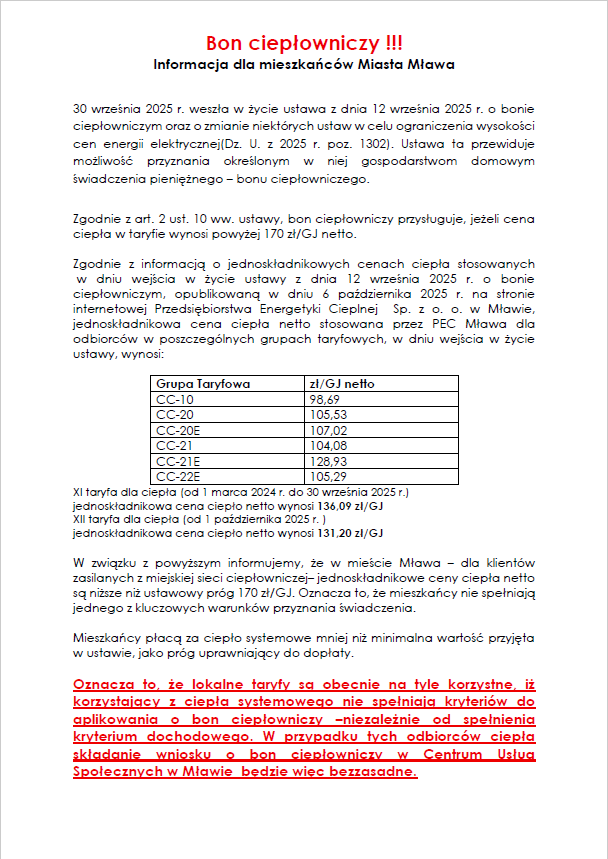 Bon ciepłowniczy !!!  Informacja dla mieszkańców Miasta Mława