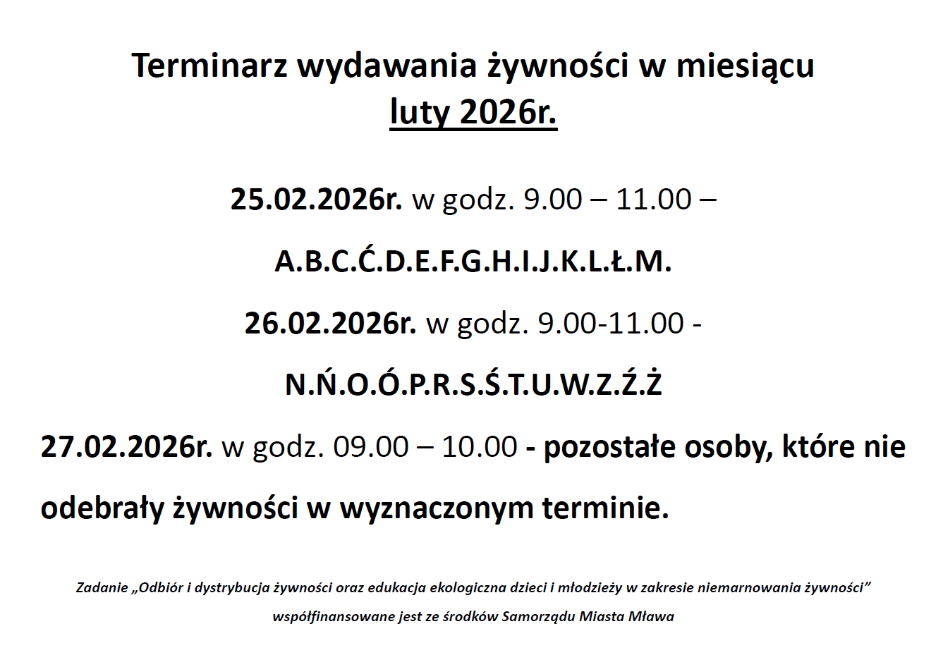 TERMINARZ WYDAWANIA ŻYWNOŚCI LUTY 2026