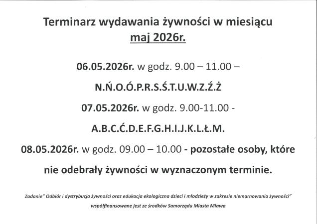 TERMINARZ WYDAWANIA ŻYWNOŚCI MAJ 2026