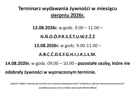 Terminarz wydawania żywności w miesiącu sierpniu 2026r.