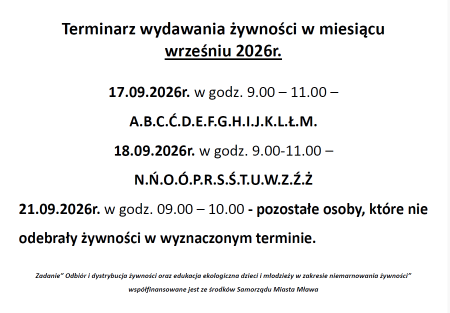 Terminarz wydawania żywności w miesiącu wrześniu 2026r.