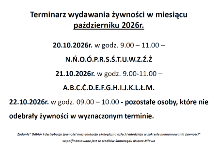 Terminarz wydawania żywności w miesiącu październiku 2026r.